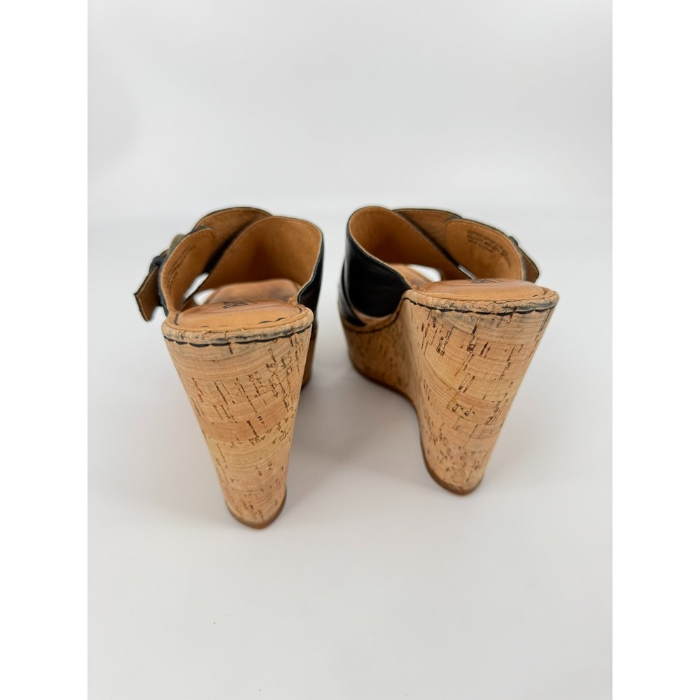 Børn Cork Wedge Leather Slip On Sandals Womens Size 7M Black Gold Buckle Accent - Picture 4 of 14